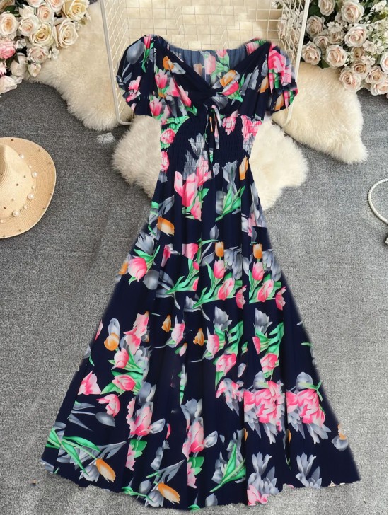 Floral V -Neck Short Sleeved Summer Dress